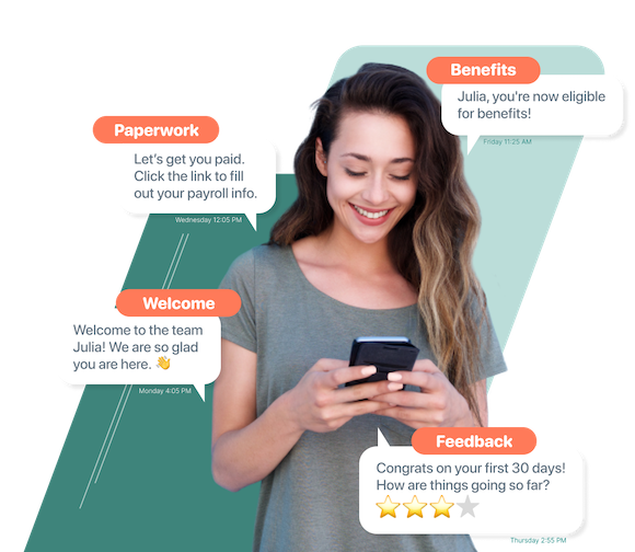 Woman receiving texts from goHappy related to Paperwork, Feedback, Benefits and a Welcome message.