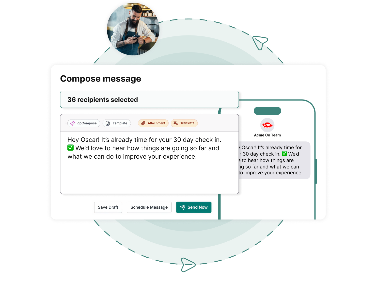 goHappy frontline messaging platform showing compose message interface and SMS delivery to frontline worker